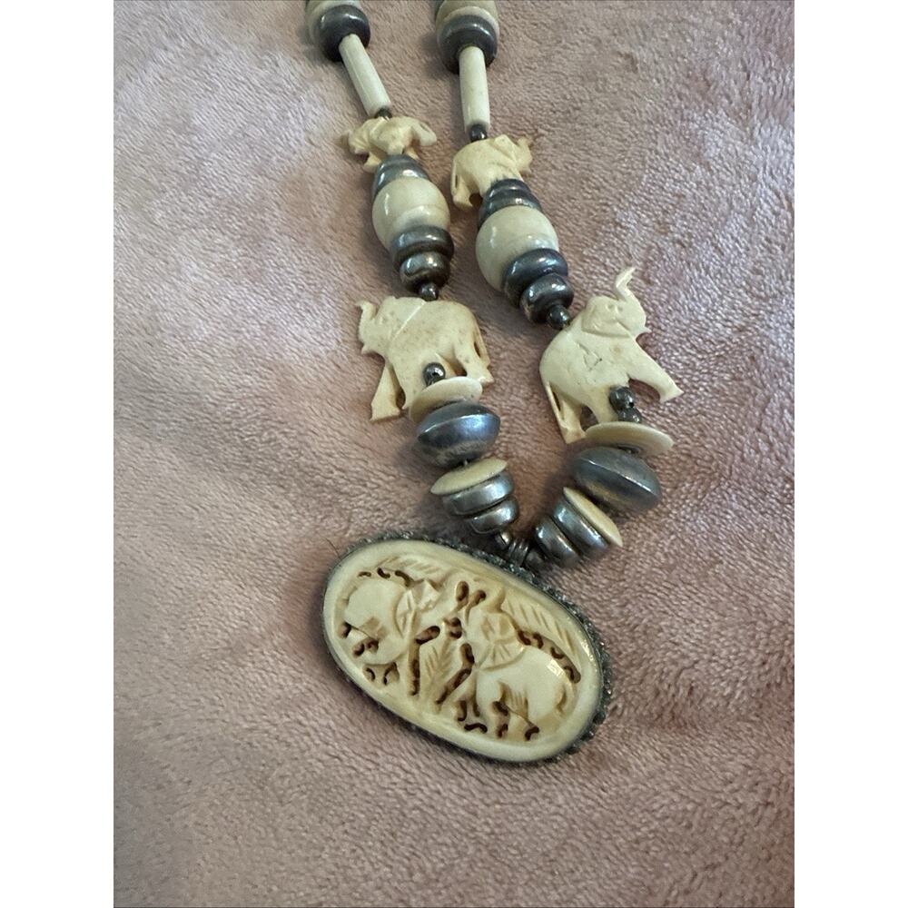 Vintage Hand Carved Elephants African Necklace Pendant Bohemian Tribal